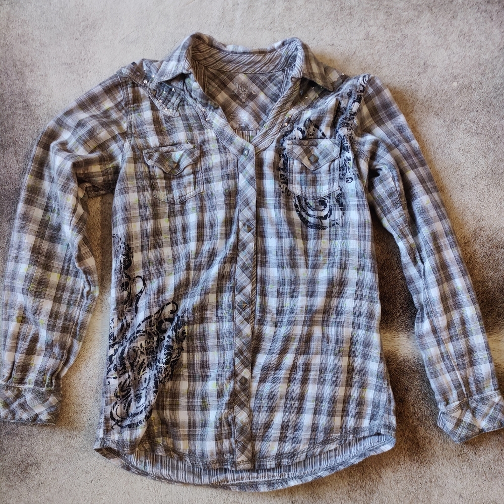 Women's Plaid Button Down Shirt with Black Accents